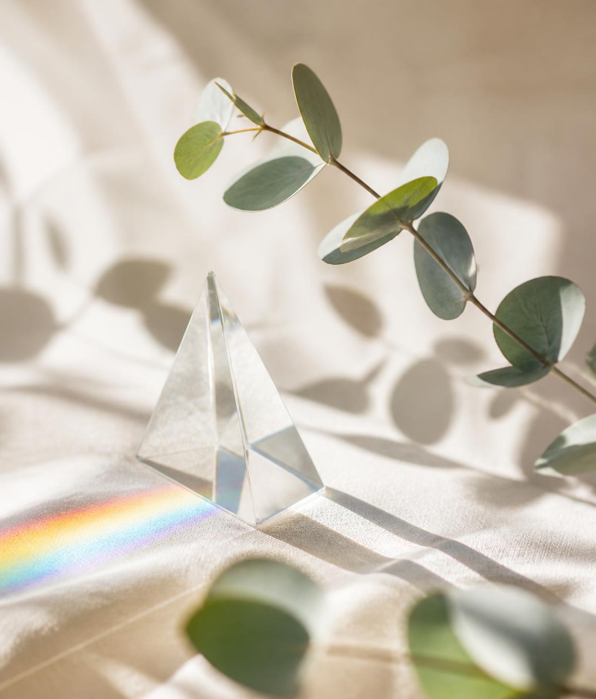 Lichtstrahl bricht sich in einem Prisma neben Eukalyptuszweig — Symbol für Wissenschaft und Energie